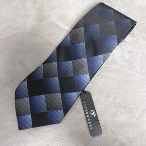 Burma Bibas Techno-Care Mens Silk Necktie Black Blue Gray Geometric‎
